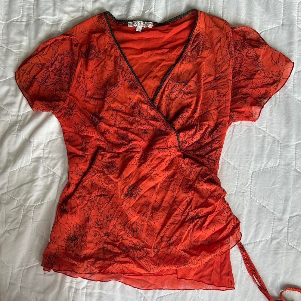 & Other Stories Red Floral Wrap-Style Short Sleeve Blouse